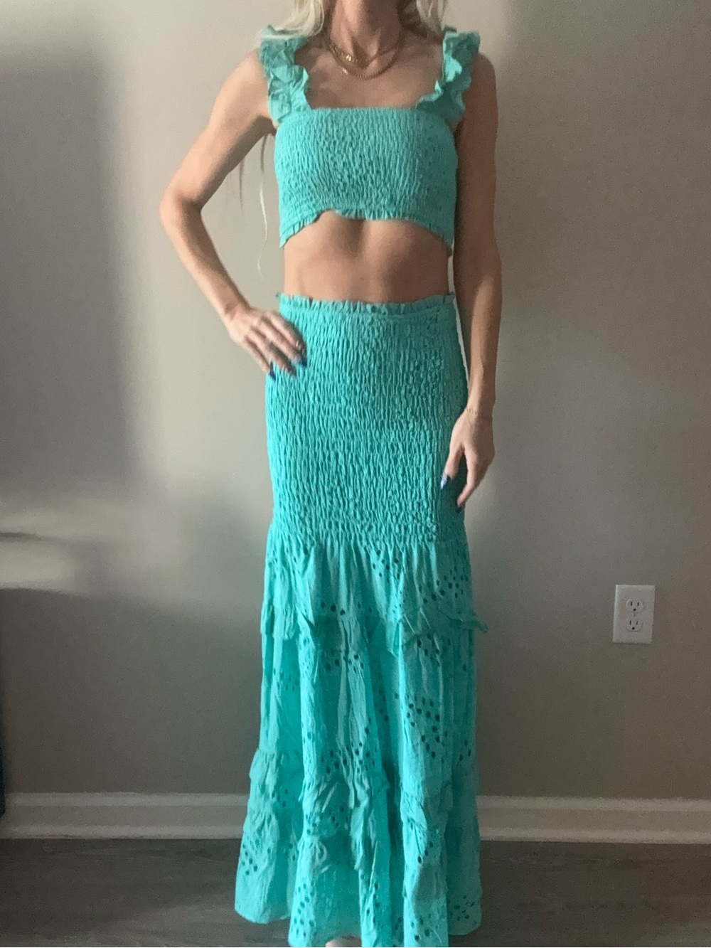 Smocked Tiered Maxi Skirt Set in Aqua